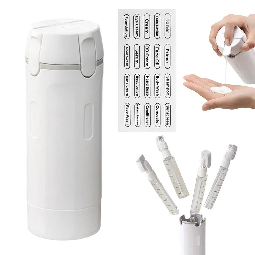 4-in-1 Travel Dispenser Bottle with label stickers for each chamber