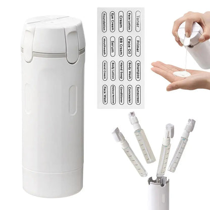 4-in-1 Travel Dispenser Bottle with label stickers for each chamber