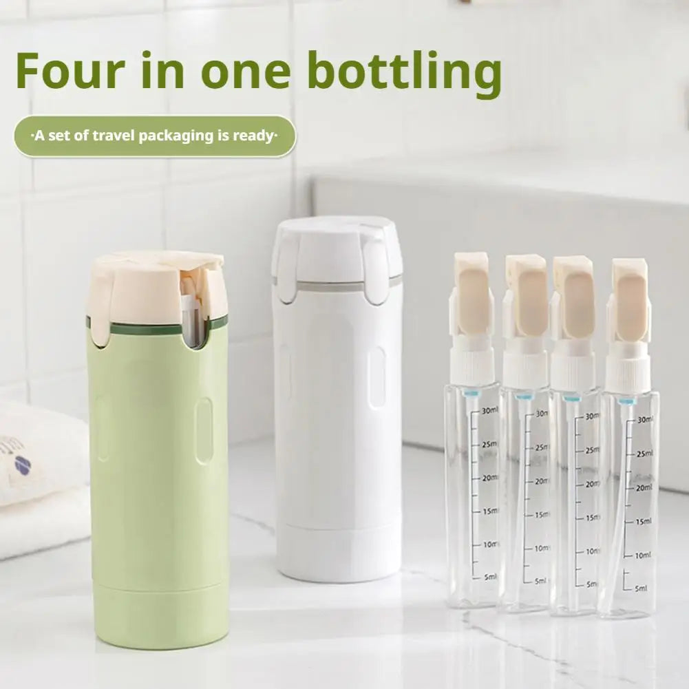 4-in-1 Travel Dispenser Bottle disassembled showing the four individual leak-proof chambers
